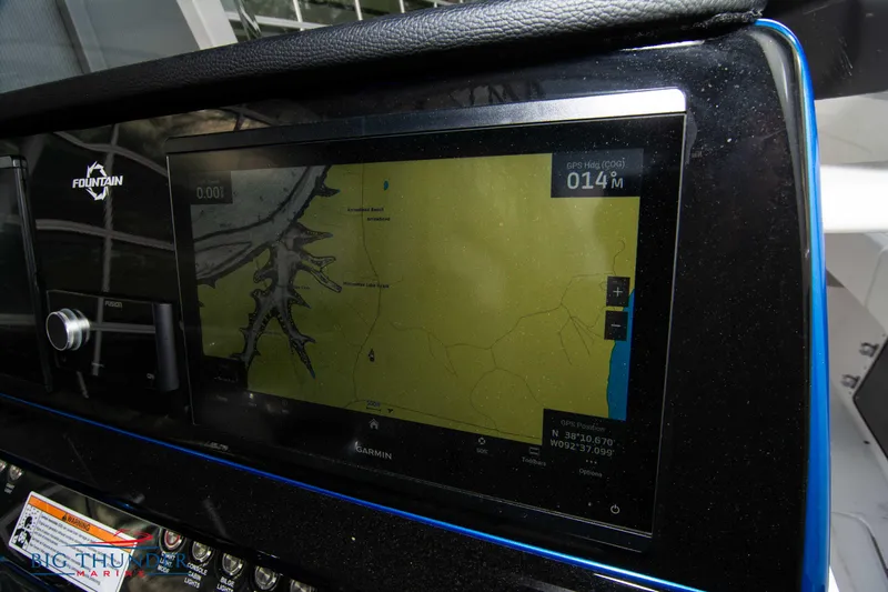 Yacht Photos Pics 2023 Fountain 34 CC boat GPS navigation display showing a detailed map.