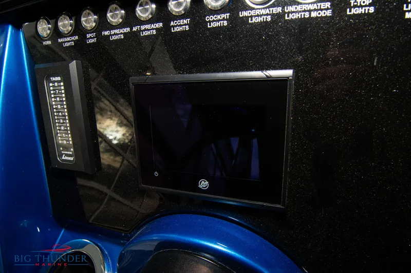  Yacht Photos Pics Control panel of 2023 Fountain 34 CC boat with various light switches.