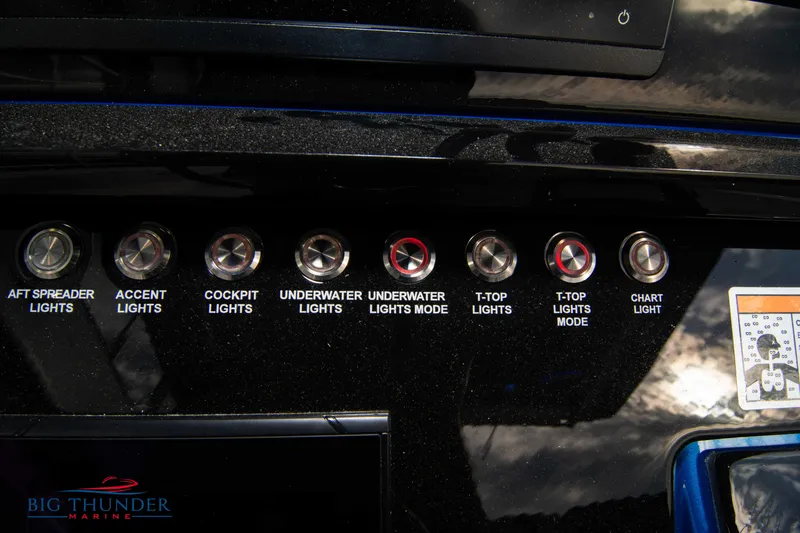  Yacht Photos Pics Control panel of 2023 Fountain 34 CC boat with various lighting options.