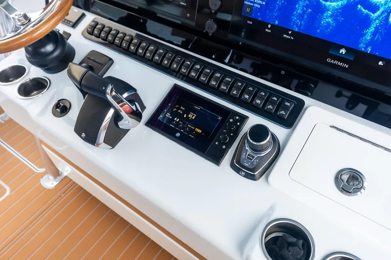  Yacht Photos Pics Control panel of 2025 Freeman LR boat with advanced navigation and steering systems.