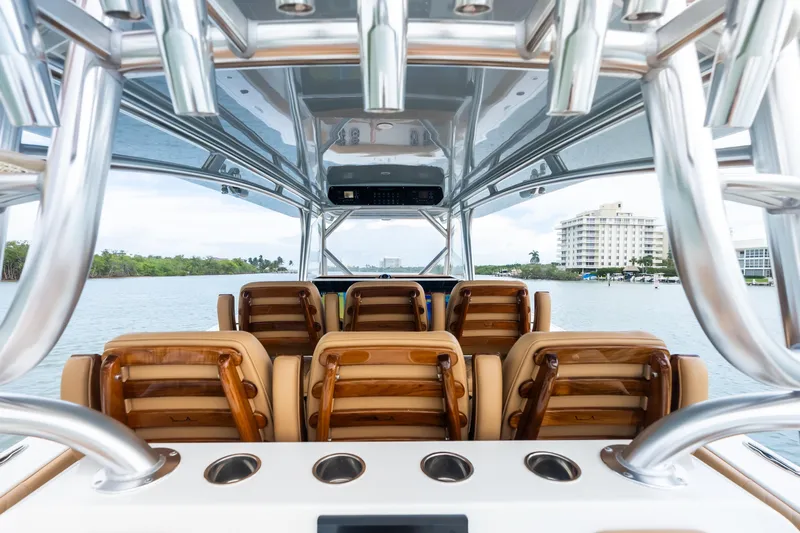  Yacht Photos Pics Interior view of 2025 Freeman LR boat with luxurious seating and sleek design.