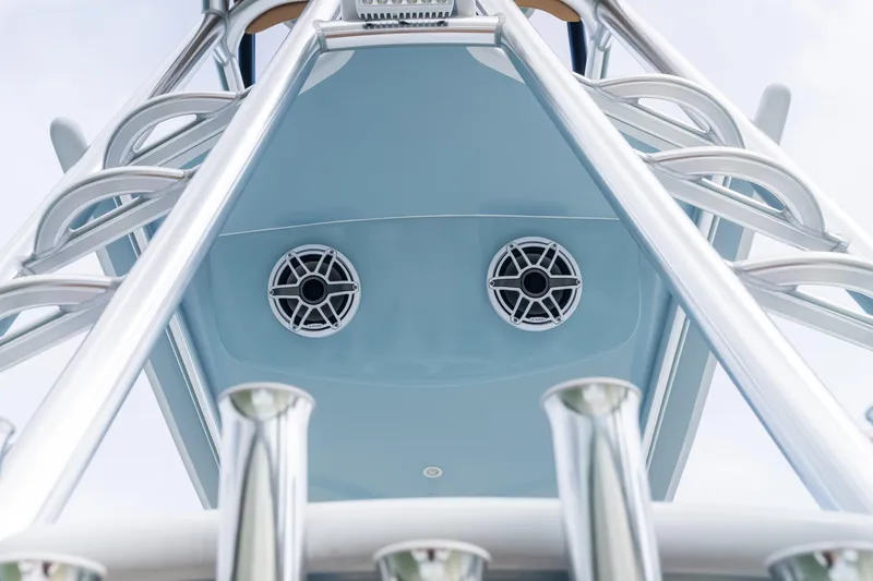  Yacht Photos Pics Underneath view of Freeman LR 2025 boat with speakers and metal framework.