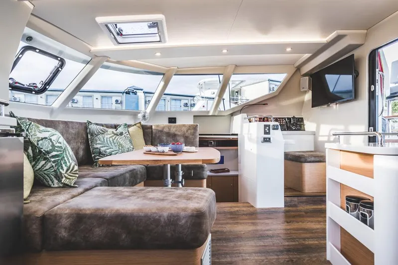 Vision 444 Yacht Photos Pics Luxurious Vision 444 yacht interior, 2026 model, featuring modern seating and elegant design.