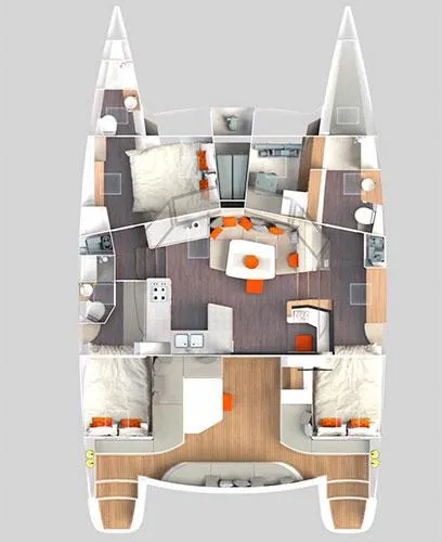 Vision 444 Yacht Photos Pics Floor plan of Vision 444 catamaran, 2026 model, featuring spacious cabins and modern amenities.