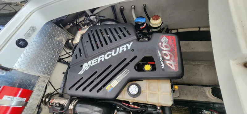  Yacht Photos Pics Engine compartment of a 2007 Cobalt 343 with a Mercury 496 engine.