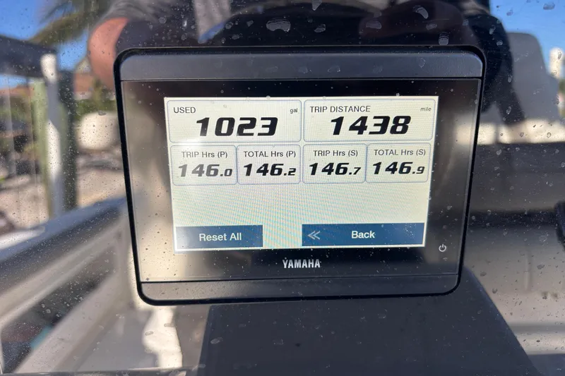  Yacht Photos Pics Yamaha display showing fuel usage and trip distance on 2023 World Cat 295 CC boat.