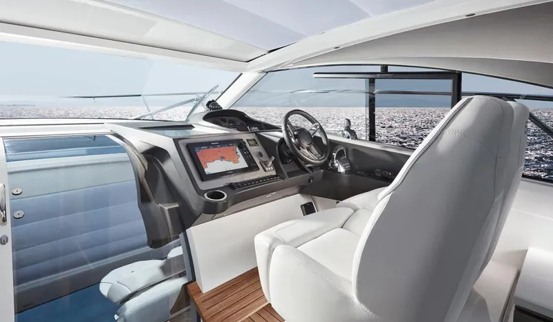  Yacht Photos Pics Interior of 2025 Princess V40 yacht with modern navigation system and ocean view.