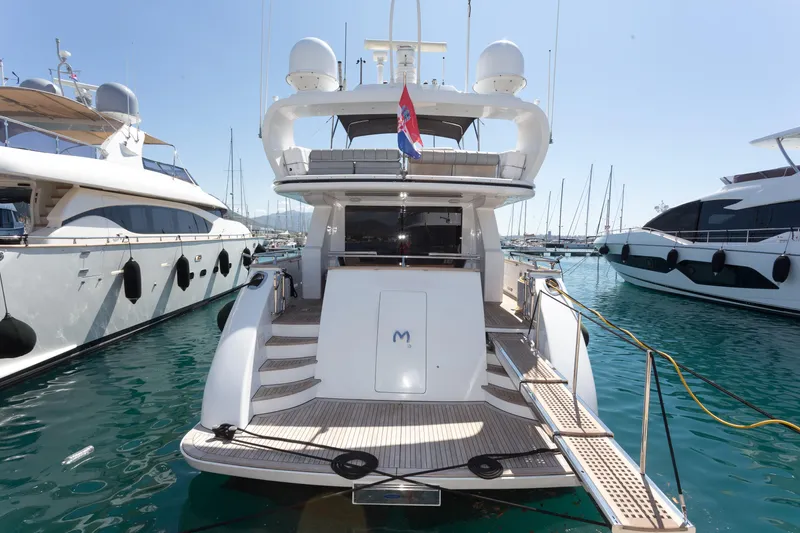  Yacht Photos Pics Luxury Maiora 20S yacht from 2008 docked in a marina, surrounded by other boats.