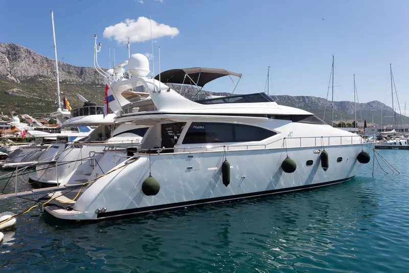  Yacht Photos Pics Luxury 2008 Maiora 20S yacht docked in a scenic marina setting.