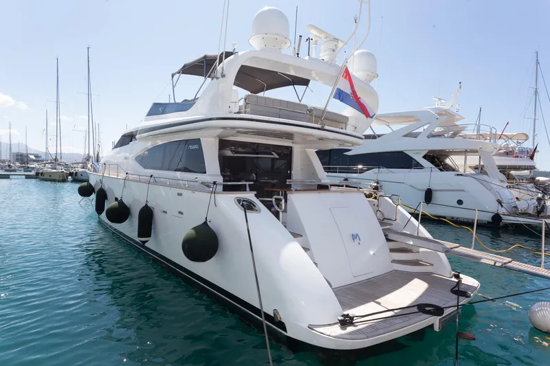  Yacht Photos Pics Luxury 2008 Maiora 20S yacht docked in a marina under clear skies.