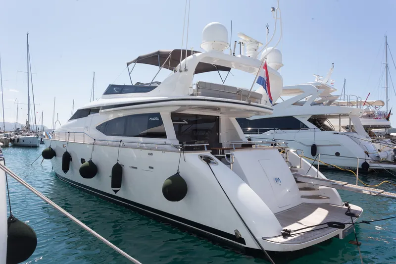  Yacht Photos Pics Luxury 2008 Maiora 20S yacht docked in a marina, featuring sleek design and modern amenities.