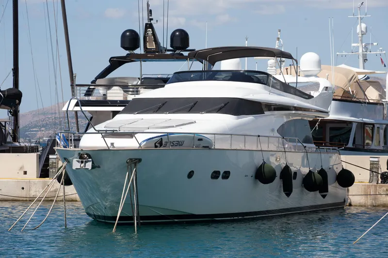  Yacht Photos Pics Luxury Maiora 20S yacht from 2008 docked at a marina.