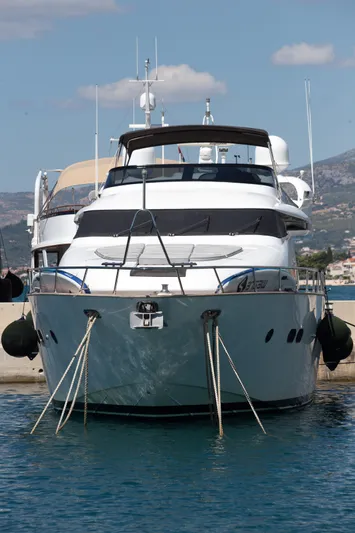  Yacht Photos Pics Luxury Maiora 20S yacht docked in a marina, 2008 model, clear sky background.
