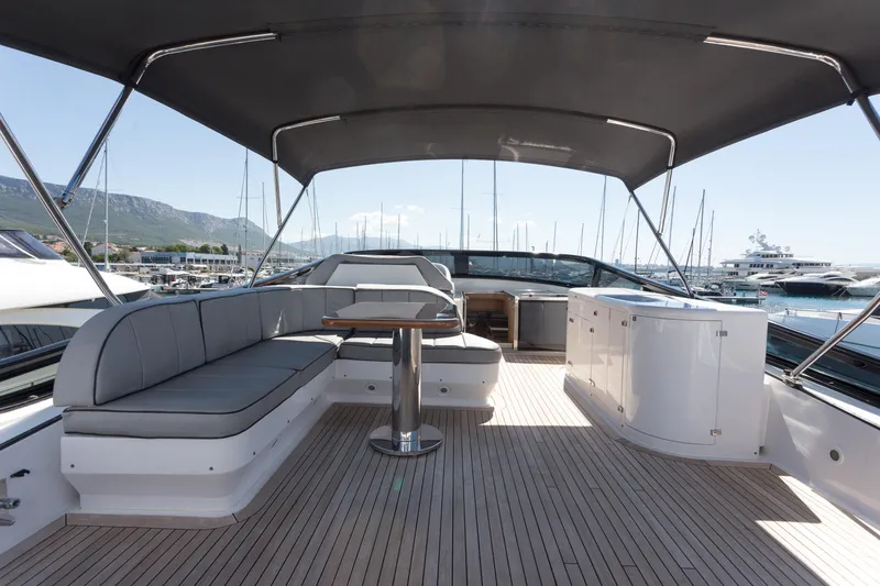  Yacht Photos Pics Luxurious 2008 Maiora 20S yacht deck with seating and canopy in marina.