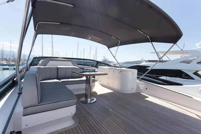  Yacht Photos Pics Luxurious 2008 Maiora 20S yacht deck with seating and canopy in marina.