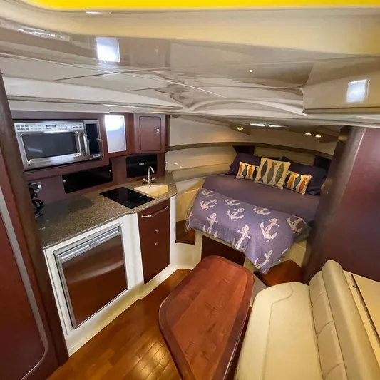 Reel Inspired Yacht Photos Pics Interior of 2009 Boston Whaler 345 Conquest with kitchenette and cozy sleeping area.