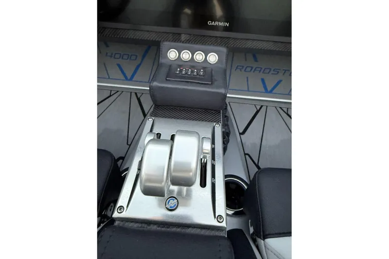  Yacht Photos Pics Control panel of 2026 Nor-Tech 4000 Roadster with Garmin display and throttle levers.