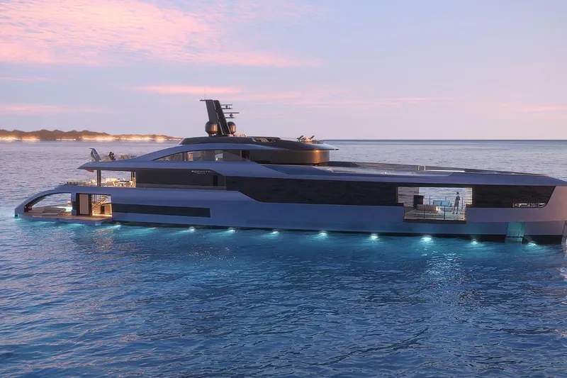  Yacht Photos Pics Futuristic 2028 Picchiotti P53 yacht on serene ocean at sunset.