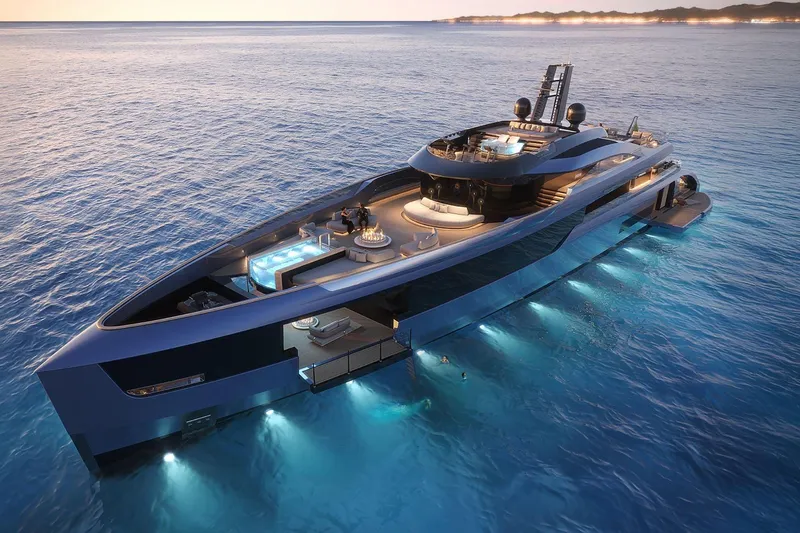  Yacht Photos Pics Luxurious 2028 Picchiotti P53 yacht with sleek design and illuminated deck on serene ocean.