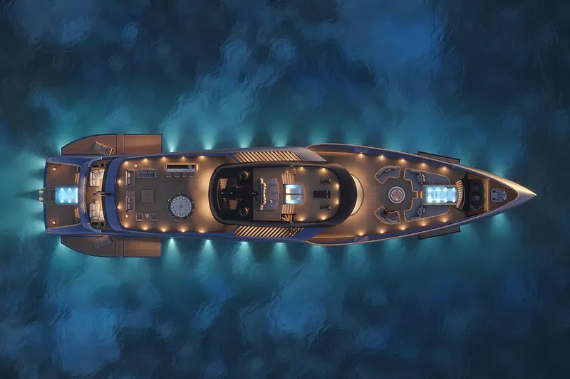  Yacht Photos Pics Aerial view of illuminated 2028 Picchiotti P53 yacht on serene water.