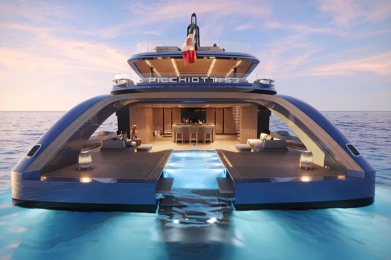  Yacht Photos Pics Luxurious 2028 Picchiotti P53 yacht with elegant deck and ocean view at sunset.