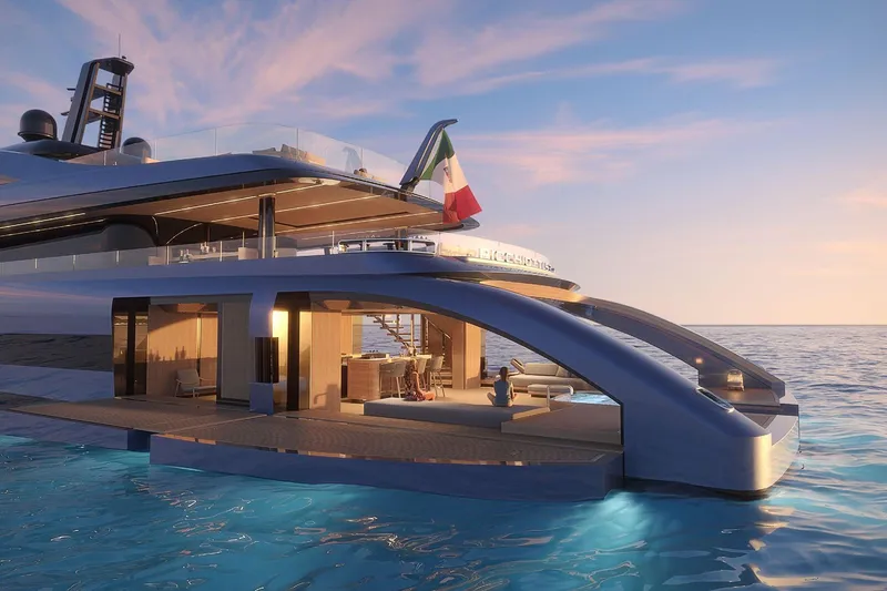  Yacht Photos Pics Luxurious Picchiotti P53 yacht, 2028 model, at sunset on tranquil ocean waters.