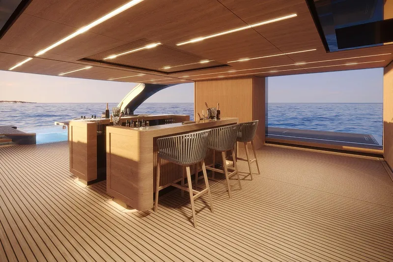  Yacht Photos Pics Luxurious Picchiotti P53 yacht interior with elegant bar and ocean view, 2028 model.