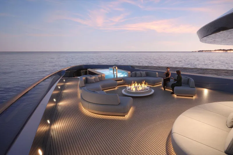  Yacht Photos Pics Luxurious Picchiotti P53 yacht deck with fire pit, ocean view, and sunset ambiance, 2028 model.