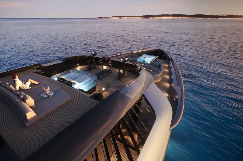  Yacht Photos Pics Luxurious 2028 Picchiotti P53 yacht with elegant deck and ocean view at sunset.