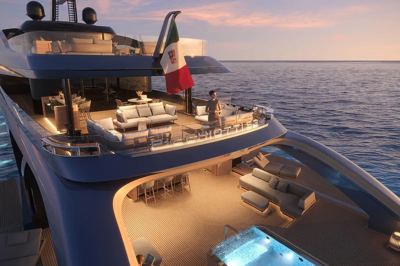  Yacht Photos Pics Luxurious 2028 Picchiotti P53 yacht with elegant deck and sunset ocean view.