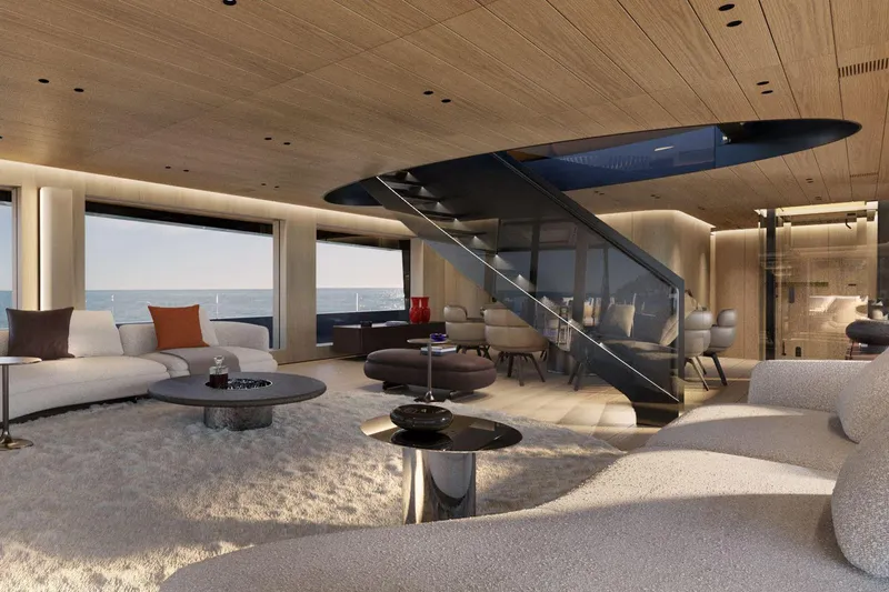  Yacht Photos Pics Luxurious interior of 2028 Picchiotti P53 yacht with modern furnishings and ocean view.