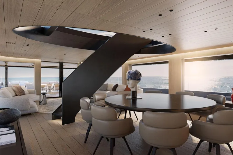  Yacht Photos Pics Luxurious interior of 2028 Picchiotti P53 yacht with modern dining area and ocean view.