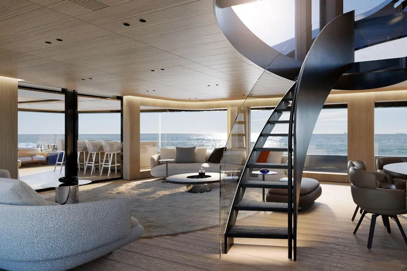  Yacht Photos Pics Luxurious interior of 2028 Picchiotti P53 yacht with modern design and ocean view.