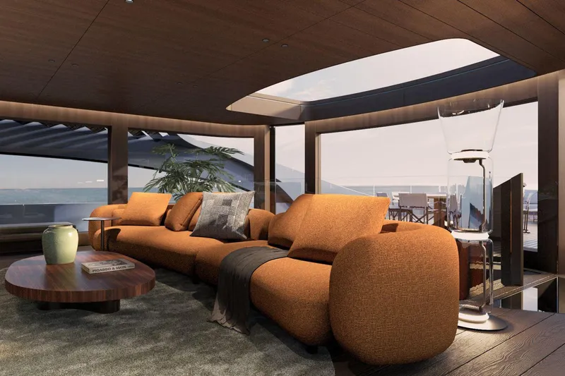  Yacht Photos Pics Luxurious interior of 2028 Picchiotti P53 yacht with modern furnishings and ocean view.