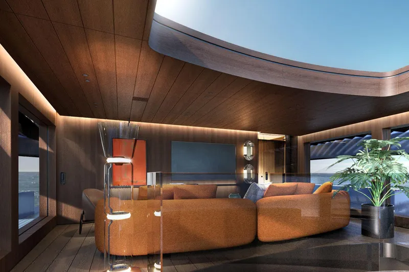  Yacht Photos Pics Luxurious interior of 2028 Picchiotti P53 yacht with modern design and ocean view.