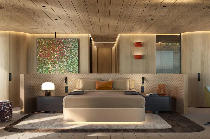  Yacht Photos Pics Luxurious Picchiotti P53 2028 bedroom interior with modern design, wood accents, and elegant lighting.