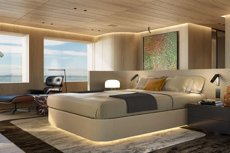  Yacht Photos Pics Luxurious bedroom interior on Picchiotti P53 yacht, 2028 model, featuring modern design and ocean views.