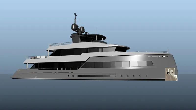  Yacht Photos Pics Futuristic Inace Explora 115 yacht, 2028 model, sleek design on calm water.