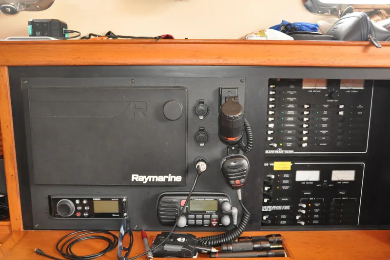 Resolute Yacht Photos Pics Control panel of a 2002 Island Packet 420 sailboat with Raymarine electronics.