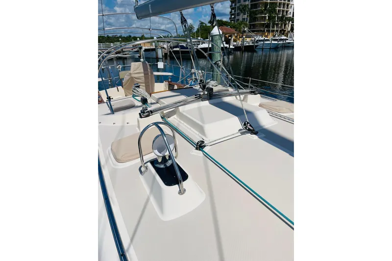 Resolute Yacht Photos Pics Deck view of 2002 Island Packet 420 sailboat docked at marina.