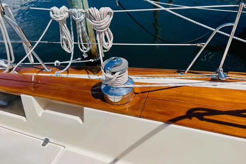 Resolute Yacht Photos Pics Deck of 2002 Island Packet 420 sailboat with winch and ropes.