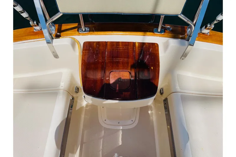 Resolute Yacht Photos Pics Cockpit of 2002 Island Packet 420 sailboat with polished wood and stainless steel details.