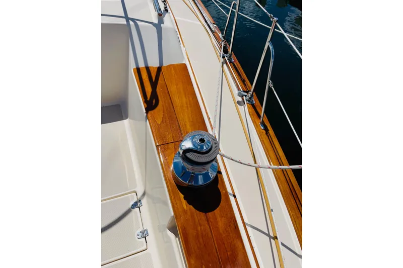 Resolute Yacht Photos Pics Deck of 2002 Island Packet 420 sailboat with winch and wooden trim.