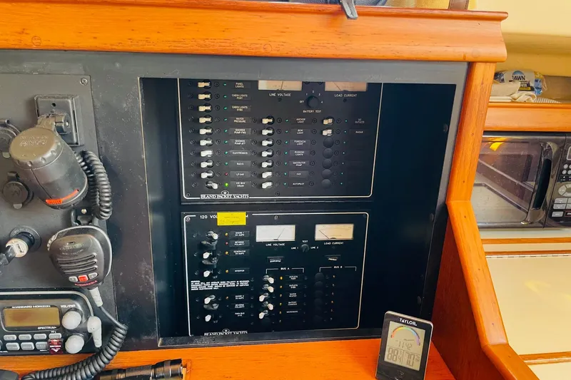 Resolute Yacht Photos Pics Control panel of a 2002 Island Packet 420 yacht with communication equipment.