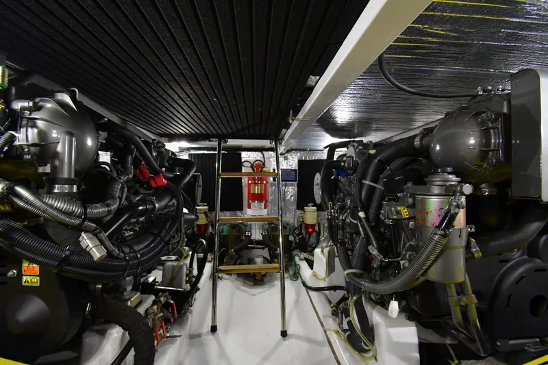 Promesa Yacht Photos Pics Engine room of 2021 Hylas M44 yacht, featuring complex machinery and equipment.