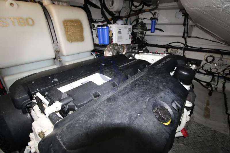  Yacht Photos Pics Engine room of 2022 Azimut Atlantis 51 yacht, showcasing mechanical components and systems.
