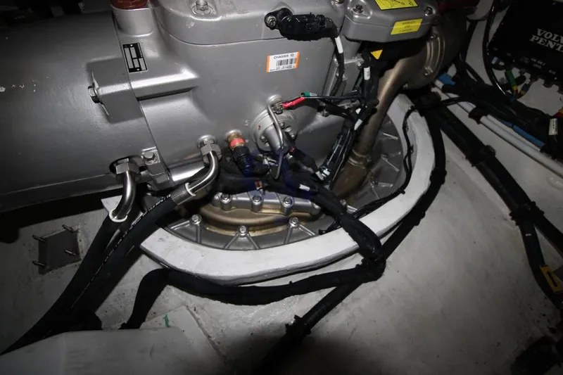  Yacht Photos Pics Engine compartment of 2022 Azimut Atlantis 51 yacht, showcasing mechanical components and wiring.