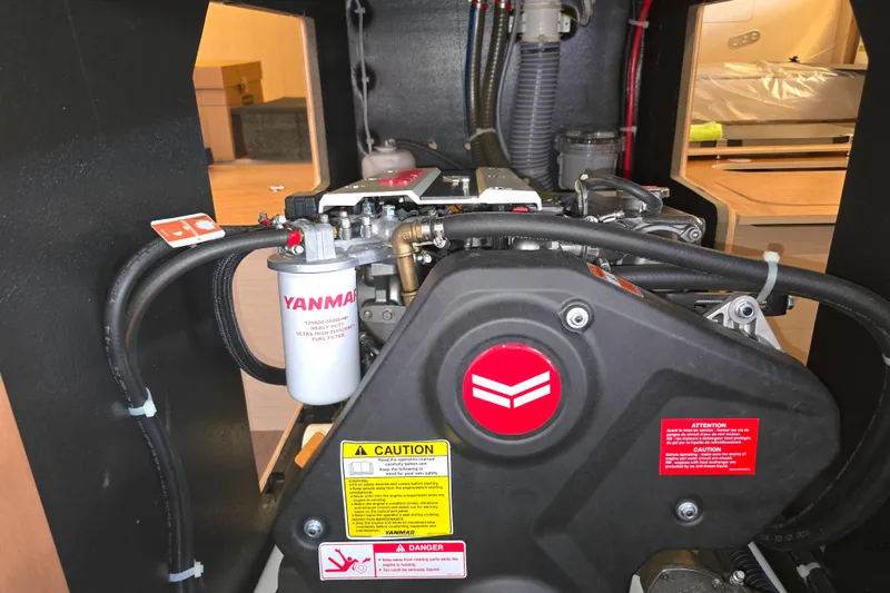 Sophia Yacht Photos Pics Engine compartment of a 2022 Beneteau Oceanis 40.1 sailboat, featuring a Yanmar engine.
