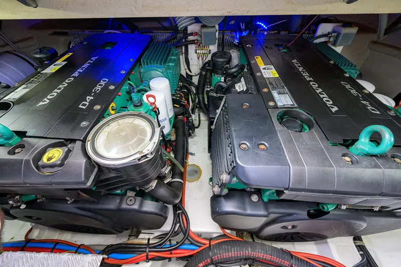  Yacht Photos Pics Engine room of 2015 Beneteau 38 GT with twin Volvo Penta D4-300 engines.