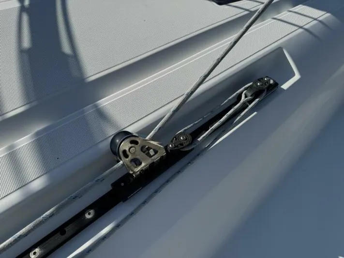 Levity Yacht Photos Pics Deck detail of 2019 Jeanneau Sun Odyssey 479 sailboat with rigging components.